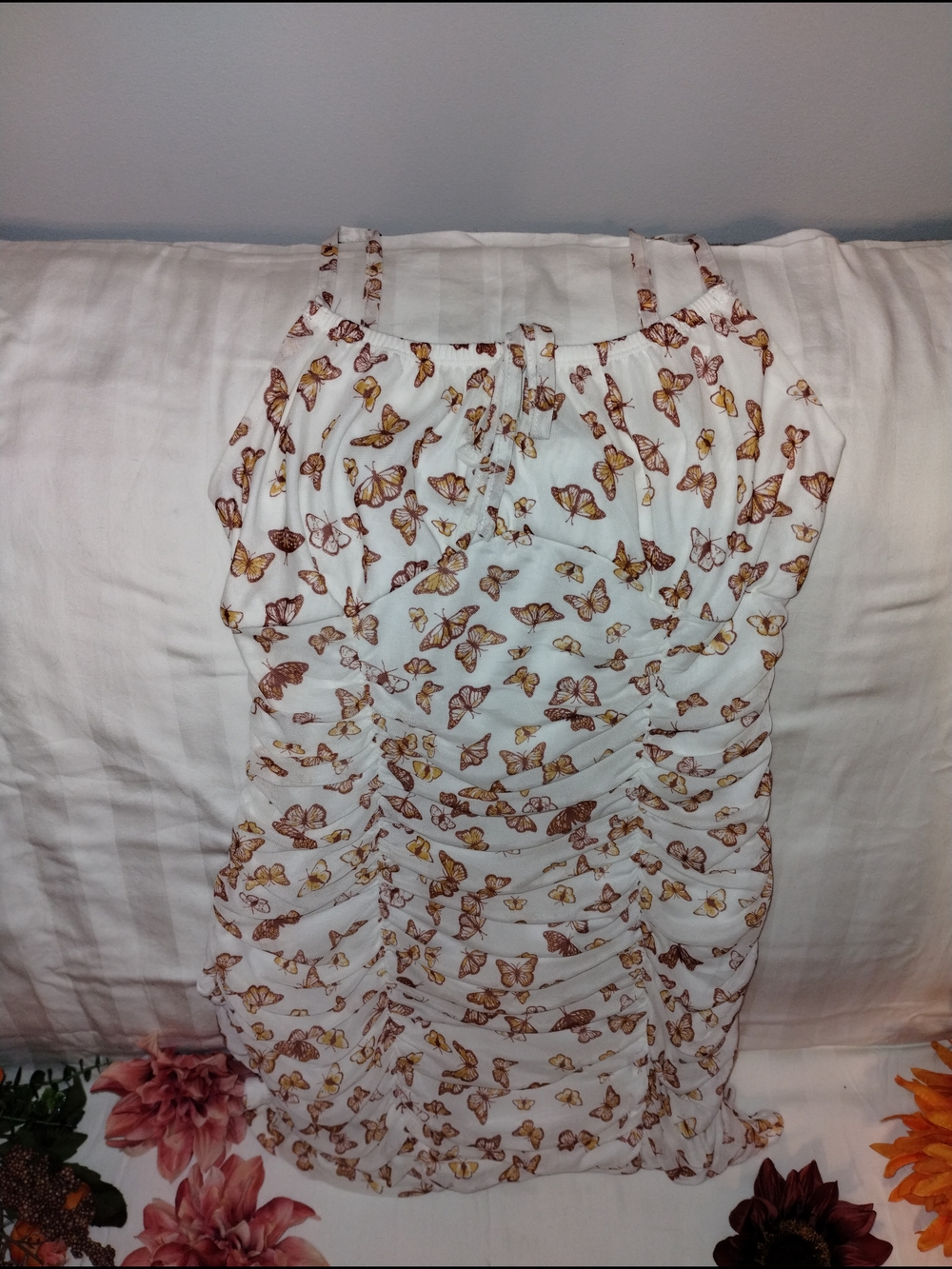 Adorable Ultra Flirt White Mini Dress with Brown and Yellow Butterfly Print
